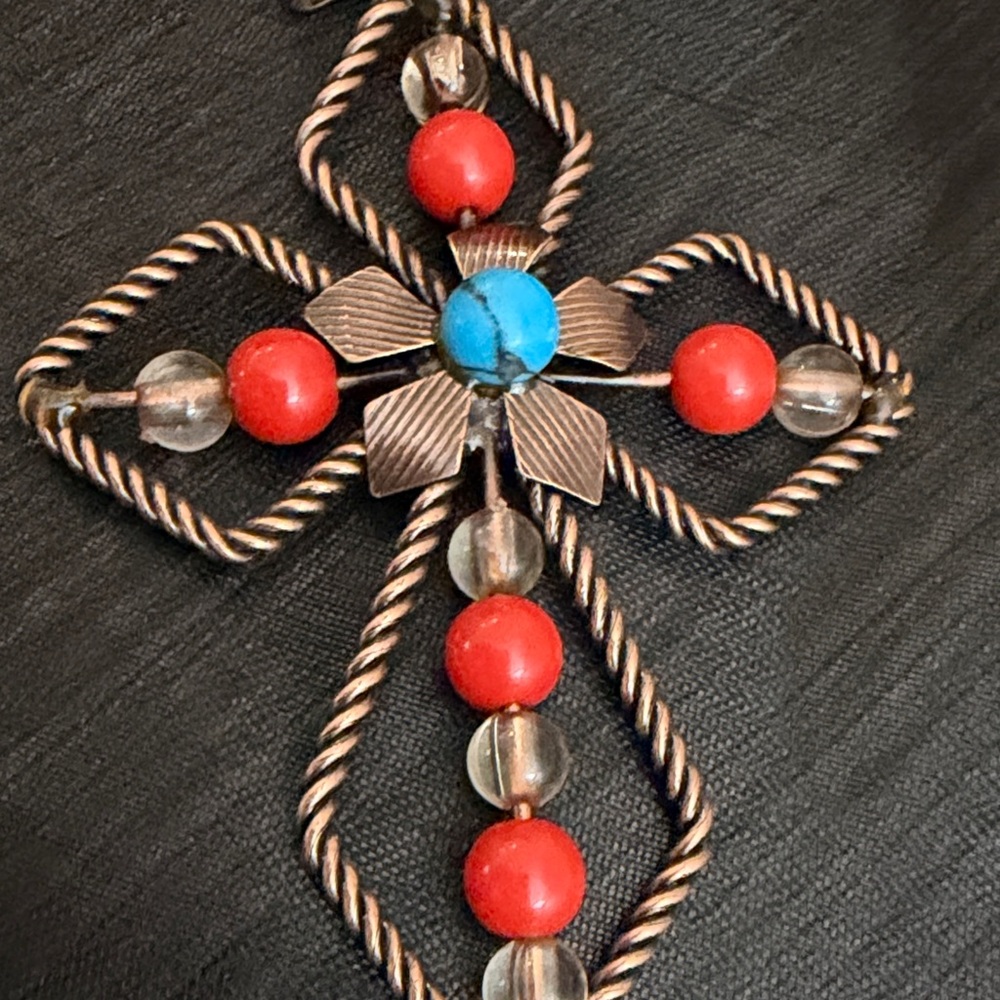 Copper Cross Pendant with Red and Turquoise Beads - Picture 6 of 6